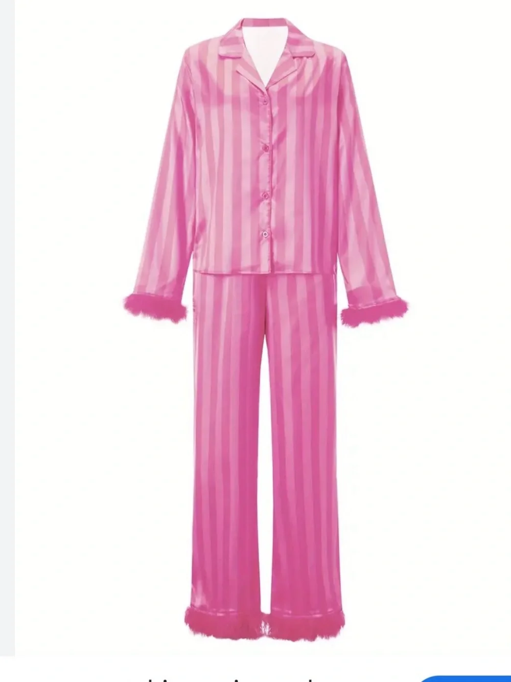 Pink Satin Stripe Pajama Set with Feathered Cuffs - Picture 2 of 6